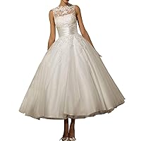 Short Ball Gown Wedding Dresses Ankle Length Sheer Vintage Bridal Dress 2022