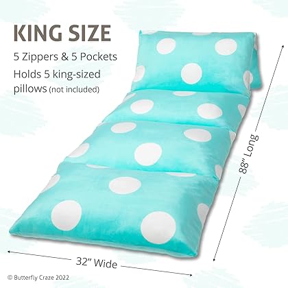 Butterfly Craze Floor Pillow Case, Mattress Bed Lounger Cover, Polka Aqua, King, Cozy Seating Solution for Kids & Adults, Recliner Cushion, Perfect for Reading, TV Time, Sleepovers, & Toddler Nap Mat