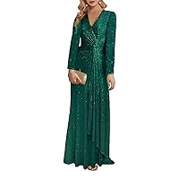 Women's Sequins Long Wedding Party Cocktail Dress Luxury Long Sleeve V-Neck Evening Dresses Green