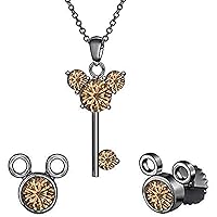 Created Round Cut Smoky Quartz Gemstone 925 Sterling Silver 14K Rose Gold Over Diamond Mickey Mouse Key Stud Earring Pendant Necklace Jewelry Set for Women's & Girl's