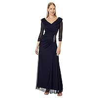 Alex Evenings Women's Long Mesh Dress with Portrait Collar and Embellished Hip Detail