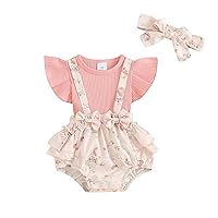 Kaipiclos Infant Baby Girl Clothes Floral Suspender Dress Romper Ruffle Sleeve Onesie Cute Spring Summer Outfit Headband
