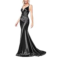 Satin Prom Dresses V Neck Spaghetti Straps Long Mermaid Pleated Formal Evening Party Gowns Backless for Women