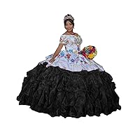 2024 Colorful Gold Embroidery Mexican Ball Gown Ruffled Quinceanera Wedding Dresses for Women Girls