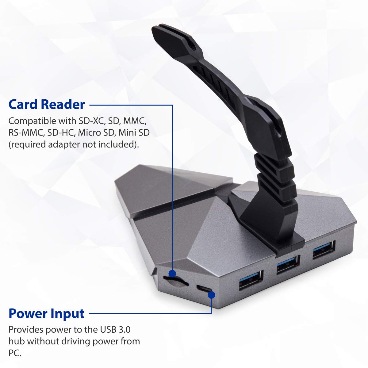 LOKI Gaming Mouse Bungee Stand - RGB LED Lights - 4 Port USB 3.0 Hub with Active Power - Micro SD Card Reader Slot - PC; Mac; Linux