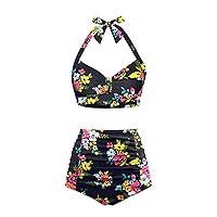 Holipick High Waisted Bikini Set for Women Two Piece Tummy Control Vintage Swimsuit Retro Halter Bathing Suit with Bottom