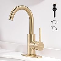 FROPO Gold Bathroom Faucets with Pop-Up Drain, Modern Single Hole Bathroom Sink Faucet with Deck Plate Single Handle Lavatory Faucet Brushed Gold Bar Vanity Faucet