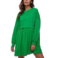 Flygo Womens Oversized Sweatshirt Dress Crewneck Patchwork Long Sleeve Pullover Tunic Flowy Pleated Mini Dresses(Green-XL)