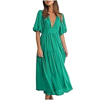 Black Fridaydeals Women Puff Sleeve Summer Dresses Casual V Neck Vacation Maxi Dress Elegant Pleated Loose Swing Mid Calf Dress Resort Sundress Wrap Dress