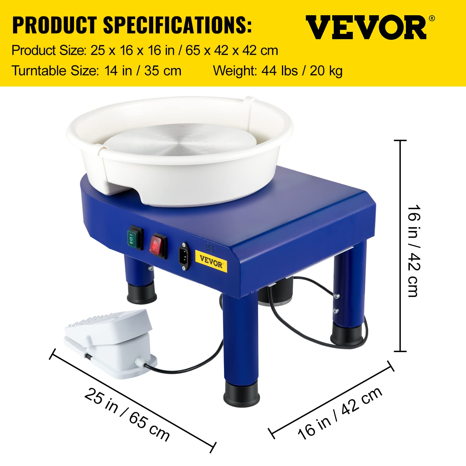 VEVOR 0-7.8in Lift-Table 0-300RPM Electric Clay Machine Pottery Wheel with Foot Pedal Detachable Basin Sculpting Tool Accessory Kit, Blue