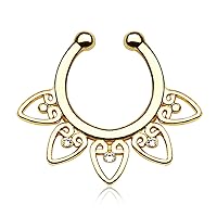 Brass with Gold IP Plating Fake Septum Clicker Clip On Non Piercing Nose Ring Hoop Cartilage Septum Hanger Heart 3/8