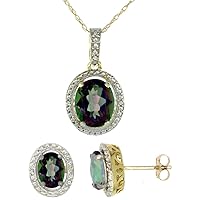 Silver City Jewelry 10K Yellow Gold 0.1 cttw Diamond Natural Mystic Topaz Oval 7x5mm Earrings & 10x8mm Pendant Set