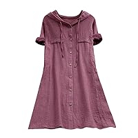 Women's Western Dress Fashion Cotton and Linen Fake Pocket Drawstring Hooded Short Sleeve Solid Color Dress, M-5XL