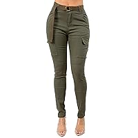 TwiinSisters Women's High Waist Skinny Pockets Utility Cotton Pants Jogger Jeans with Adjustable Belt for Women