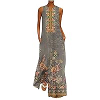 Women Western Ethnic Floral Print Long Maxi Dresses Summer Casual Sleeveless V Neck Swing Beach Dress with Pockets