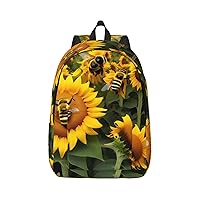 Sunflower Bees Print Canvas Laptop Backpack Outdoor Casual Travel Bag Daypack Book Bag For Men Women