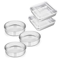 E-far 8 Inch Round Cake Pan Set of 3 and Square Baking Pan with Lids Set-4 Pieces(2 Pans + 2 Lids), Stainless Steel Layer Cake Brownies Baking Pans, Non-Toxic & Healthy, Easy Clean & Dishwasher Safe