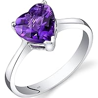 PEORA Amethyst Classic Heart Solitaire Ring for Women 14K White Gold, Genuine Gemstone Birthstone, 1.50 Carats Heart Shape 8mm