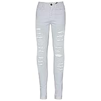 Girls Denim Ripped Jeans White Blue Comfort Skinny Stretch - Girls Jeans JN28 White Blue_3-4