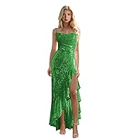 Glitter Sequins Prom Dress for Women Sparkle Spaghetti Straps Mermaid Formal Evening Gowns with Slit