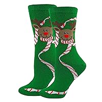 Pair of Women's Christmas Rudolph Scarf Pattern Novelty Crew Socks - Green