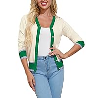 GRACE KARIN Womens Contrast Color Block Cardigan Sweaters Lightweight Long Sleeve Cropped Cardigan V-Neck Striped Shrugs