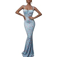 Flower Dress for Women, Women's Floral Slim Bodycon Dresses Tie Front Spaghetti Strap Sleeveless Wrap Long 2024 Boho