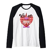 Funny Valentines Day Gnome Shirt Retro Heart Buffalo Plaid Raglan Baseball Tee