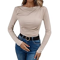SweatyRocks Women's Boat Neck Long Sleeve Solid Tee Casual Stretch Slim Fit Ruched T Shirt