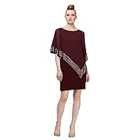 S.L. Fashions Women's Short Capelet Overlay Dress with Metallic Trim, Purple, 6