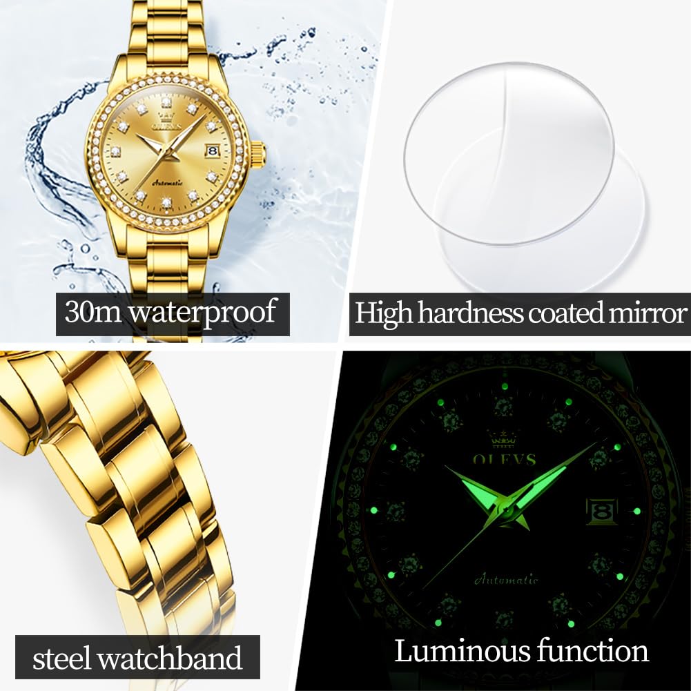 OLEVS Damen Automatikuhr Diamant Mode Luxus Kleid Mechanische Selbstaufzug Edelstahl Damen Armbanduhr für Frauen Leuchtend Wasserdicht