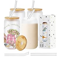 4 PACK Sublimation Glass Blanks With Bamboo Lid,16 OZ Frosted Glass Cups With Lids And Straws,Sublimation Glass Can,Sublimation Glass Blanks For Iced Coffee,Juice,Soda,Drinks,Beer