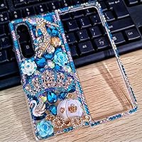 Full Diamonds Designed for Samsung Galaxy Z Fold 3 5G Case with Soft Screen Protector, Girly Bling Hard Protective Phone Case Beauty Shiny Sparkly Cover for Women (Blue Crown)