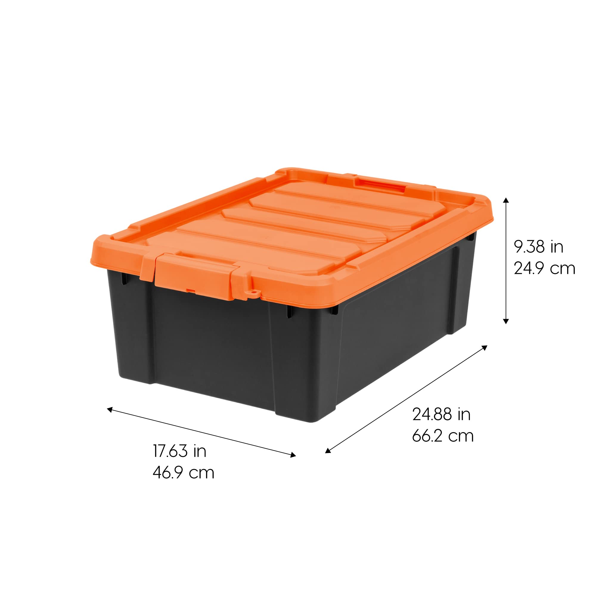 IRIS USA 11.75 Gallon Heavy-Duty Plastic Storage Bins, 2 Pack, Store-It-All Container Totes with Durable Lid and Secure Latching Buckles, Garage and Metal Rack Organizing, Black/Orange