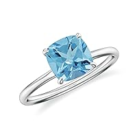 Natural Swiss Blue Topaz Cushion Solitaire Ring for Women Girls in Sterling Silver / 14K Solid Gold/Platinum