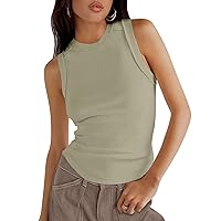 Womens 2024 Ribbed Tank Tops Summer Sleeveless High Neck Curved Hem Exposed Seam Slim Fitted Basic Shirts