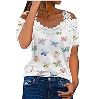 Womens Summer Cold Shoulder Tops Fashion Casual Solid Color Lace Patchwork Straps Short Sleeve Tee Shirts Loose Blouse