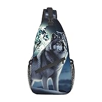 Wolf Under Moon Printed Crossbody Sling Backpack,Casual Chest Bag Daypack,Crossbody Shoulder Bag For Travel Sports Hiking
