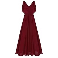 CHICTRY Women's Ruffle V Neck Chiffon Bridesmaid Dress Flutter Sleeve Long Evening Party Formal Dresses
