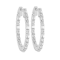 18K White Gold 100% Natural Round & Baguette Cut Diamonds Hoop Earrings | Jewelry Gifts for Women