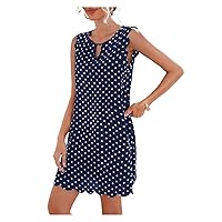 TINMIIR Women's Summer Dresses Dot Scallop Trim Keyhole Neckline Tunic Short Dress (Color : Navy Blue, Size : Large)