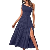 Women's Summer One Shoulder Dress Sleeveless Knot Smocked High Waist Midi Dress Side Split Ruffle Hem Flowy Maxi Dress