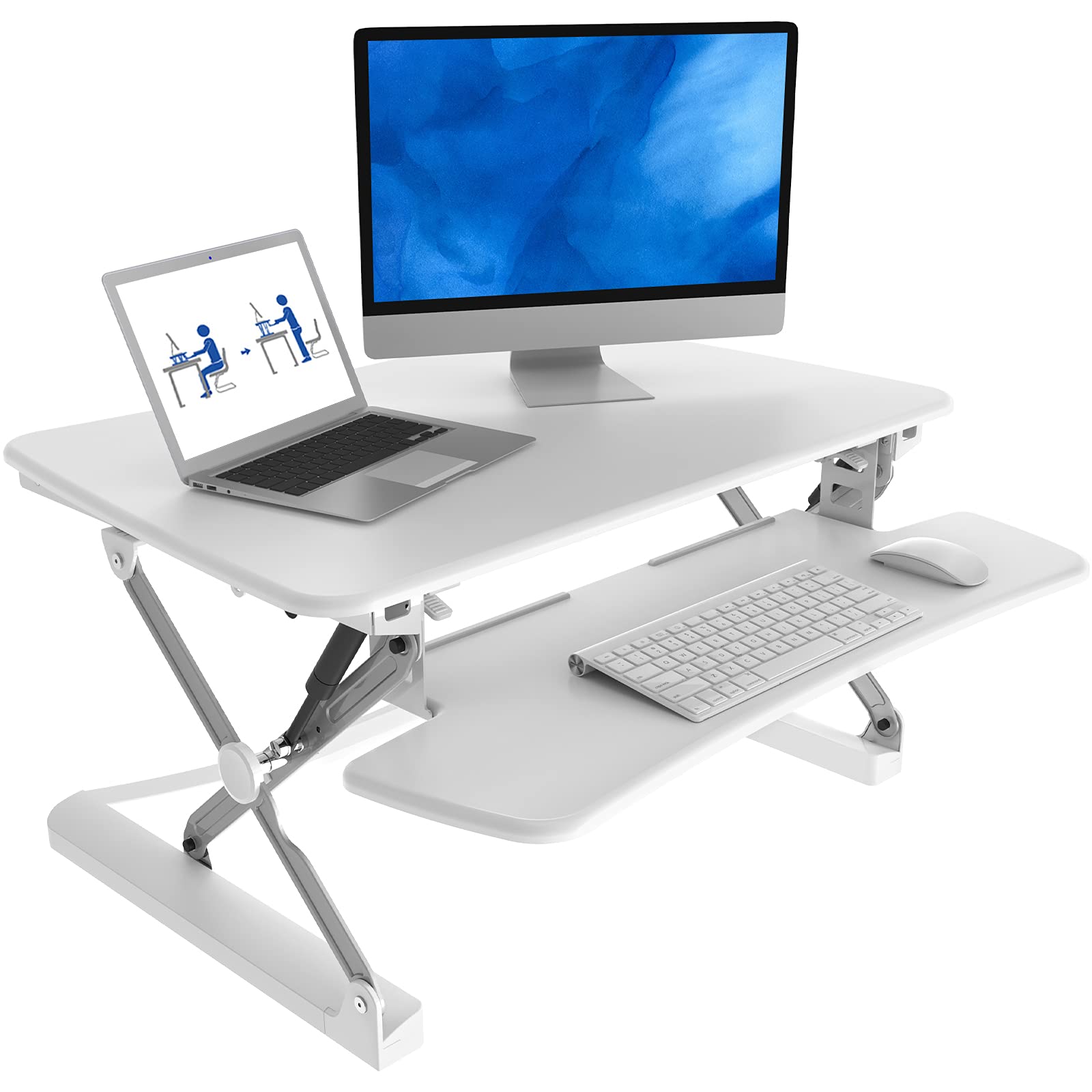 FlexiSpot Height Adjustable Stand Up Desk Converter 35 Inch Standing Desk Riser, White Home Office Desk for Dual Monitor Workstations (M2W)
