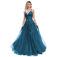 Spaghetti Strap V Neck Glitter Tulle Prom Dresses Sparkly Lace Appliques Evening Formal Ball Gowns for Women