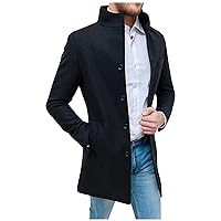 Men's Winter Trench Coat Stand Collar Wool Blend Pea Coat Slim Fit Single Breasted Windbreaker Business Jacket