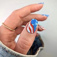 Independence Day Press on Nails Short Square Fake Nails 4th of July Glue on Nails Red Blue White Swirl Star Design Acrylic Nails American Flag False Nails USA Patriotic Nail Art Kits for Women 24Pcs