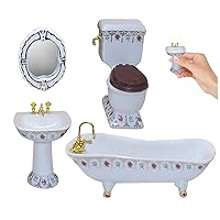 Dollhouse Bathroom Set Included Toilet Bathtub Basin Mirror 1:12 Dolls House Furniture Toys with Floral Pattern for Dolls House Accessories Furniture