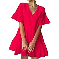 FANCYINN Cute Shift Tunic Dress for Women Ruffle Swing Babydoll Mini Long Sleevee Dress with Pockets