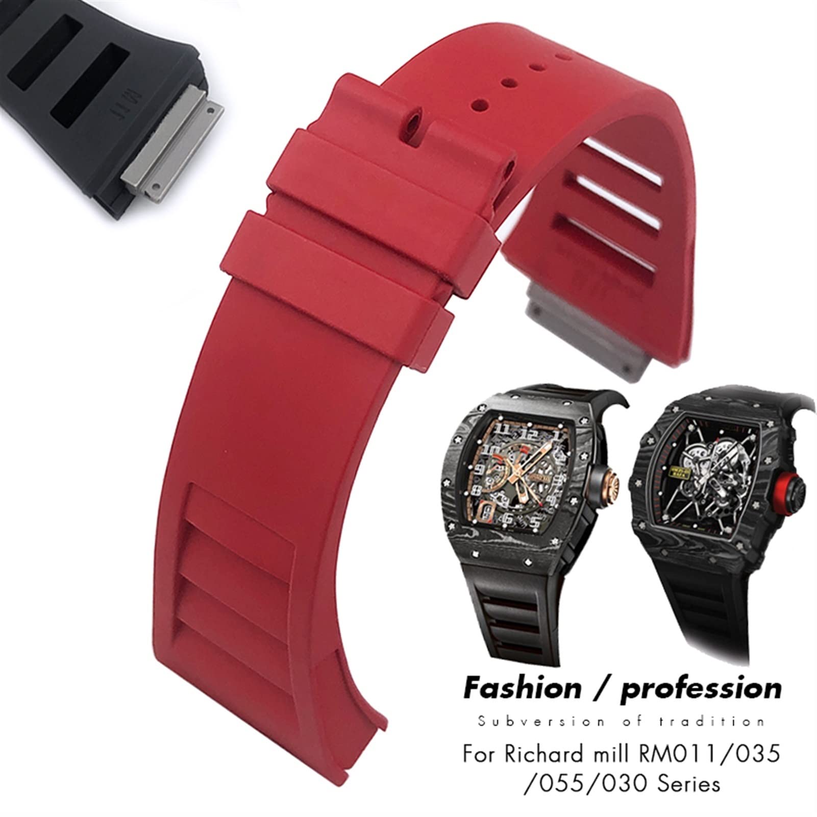 HAODEE 19mm Quality Rubber Watchband Replacement for Richard Mille RM035 011 055 030 Black White Red Metal Interface Watch Strap (Color : White, Size : 19mm)