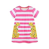Toddler Girls Summer Dress Short Sleeves Round Neck Cartoon Embroidery Striped Princess Dress Sundress